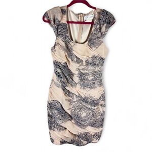 Lipsy London Beige Floral Ruched Mini Dress UK 12 US 10 Elegant Cocktail